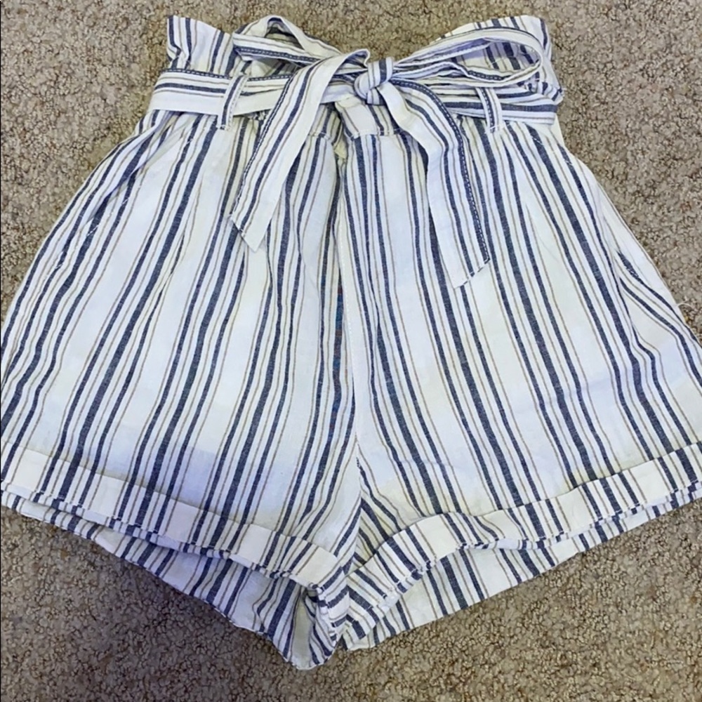 White with blue and gold striped paper bag shorts!